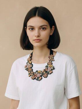 J Crew Fabric Back Ribbon Tie Bib Necklace Multicolor Crystals Floral Statement